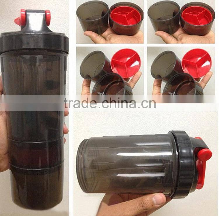 3 in 1 Sports Shake Bottle,BPA Free plastic Protein Powder Shake Bottles with Storage Compartment / Pill Box