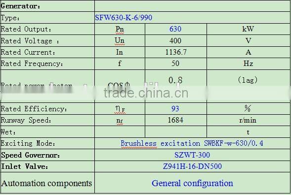 Hydro turbine generating /630kw Francis turbine/ Hydropower plant