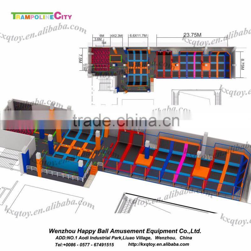 Professional trampoline with dodge ball, basketball hoop and foam pit indoor trampoline park