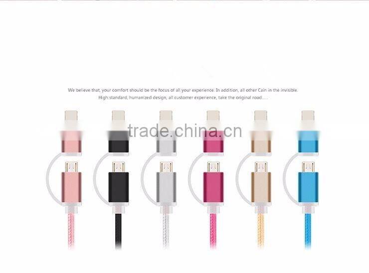 Braided aluminum head MFi 2 in 1 cable c48 to USB PVC multi usb data sync charger cable