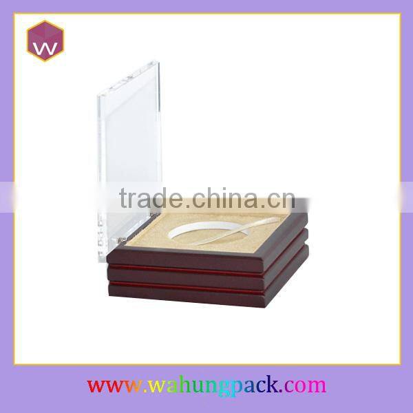 Glass Top Window Matte Lacquer Brown Wooden Medal Packaging Box