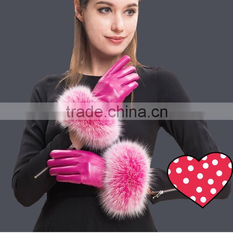 Hot Pink Lamb Leather Gloves With Fluffy Fox Fur Trim Fashion Leather Wrist Gloves