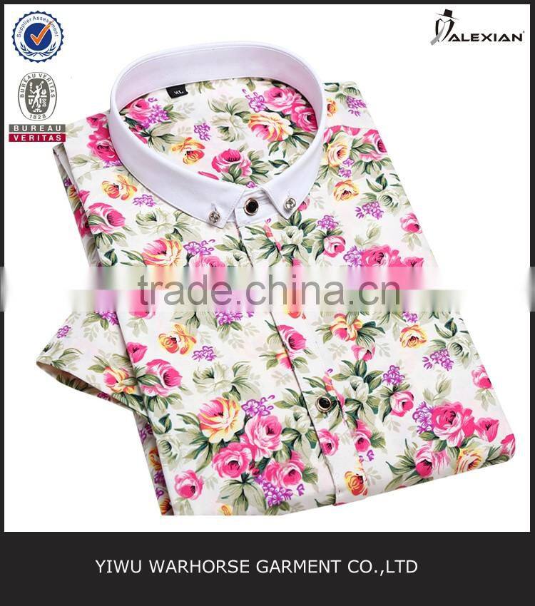 New European Flower Print Men Shirts Fashion Summer short sleeve Men Shirt with pin collar
