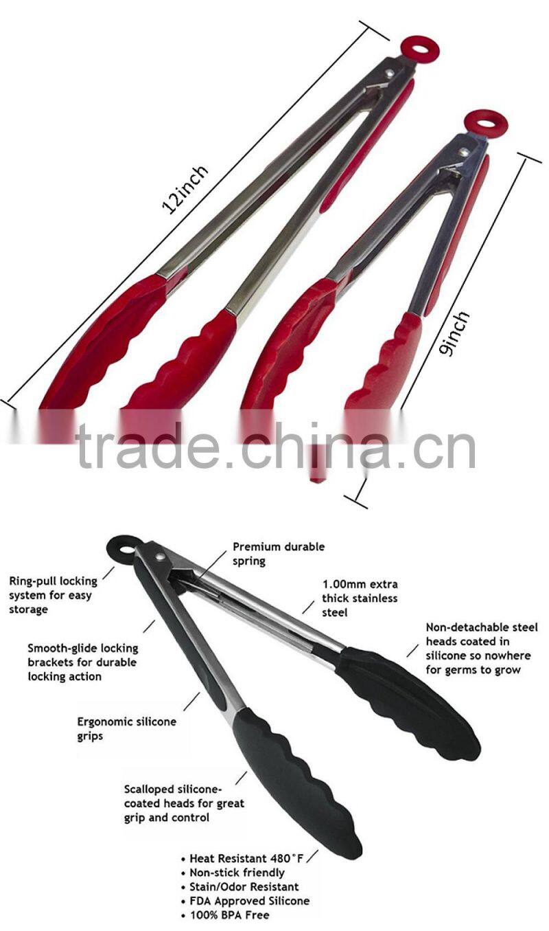 Premium quality Silicone Stainless Steel Tongs Silicone Cooking Utensils 2 Pack (9inch & 12inch in Graphite red) silicone tongs