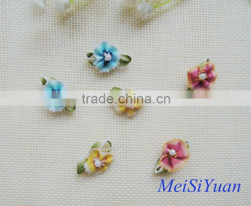 DIY craft small ribbon flower with leaf and pearl