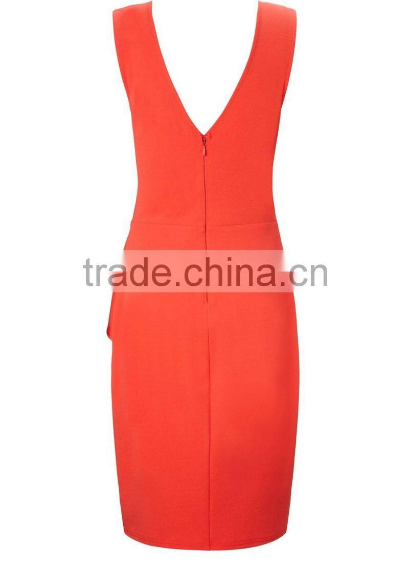 Women sleeveless Pleated V back Zip Shift peach pink Dress