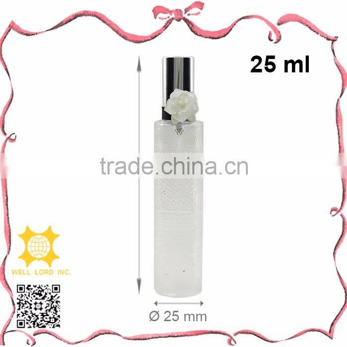 Design frosted glass 25ml fragrance spray bottle with rose decoration