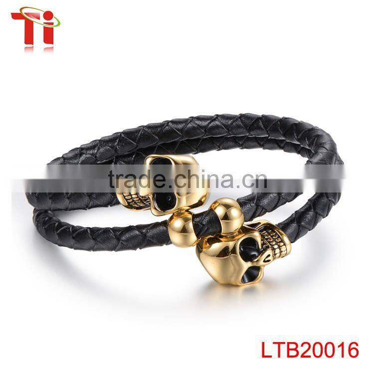 wholesale 2016men's genuine braided leather bracelet, 316L stainless steel jewelry bracelet, charm skull bracelet jewelry making