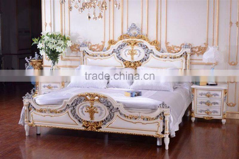 Bisini Luxury King Size Bedroom Set, European Style Latest Antique Fashion Grey and Gold Bedroom Set