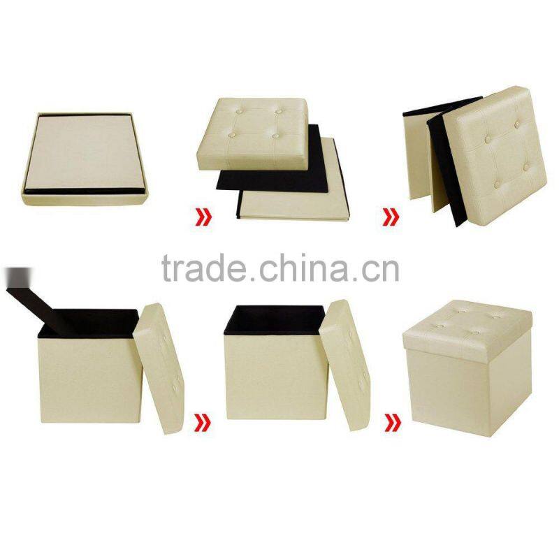 Cube Storage Ottoman Foldable Collapsible Faux Leather Footrest Stool Seat Coffee Table Beige