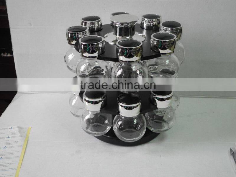 16pcs double-decker rotate glass salt and pepper shaker set with plastic stand