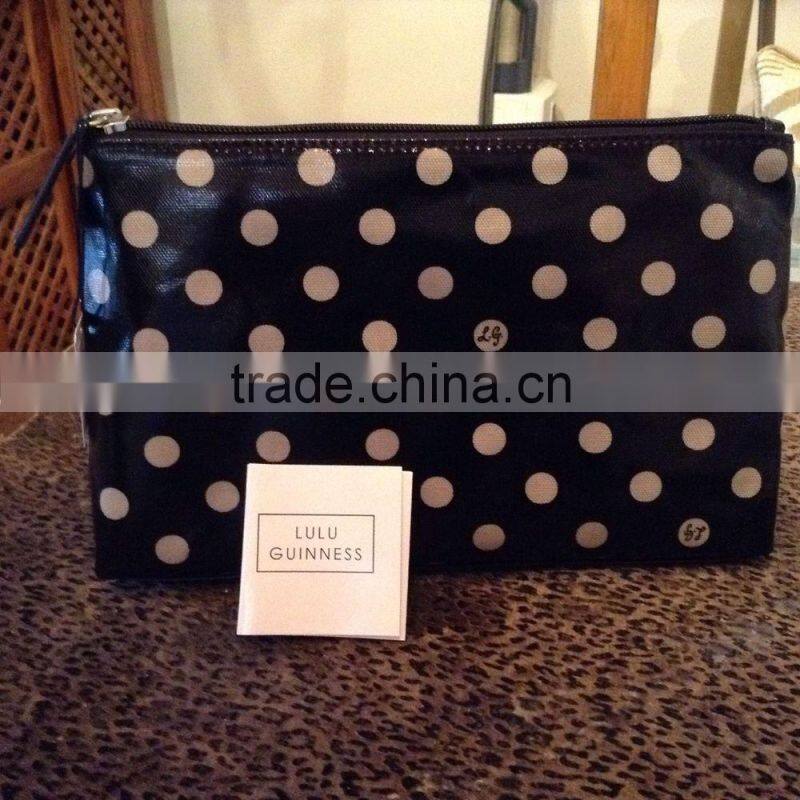 Hot sale toilet bag make up purse black dots cotton laminate