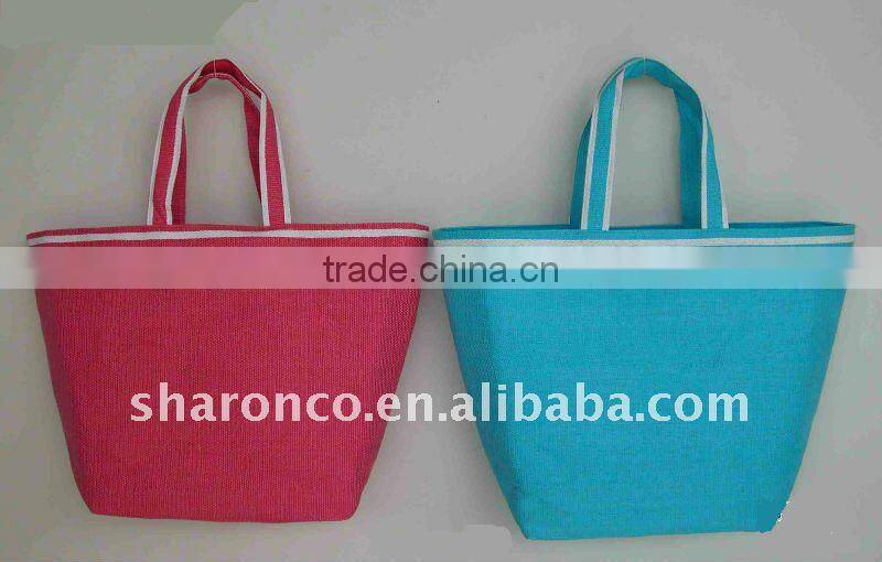 Candy strip paper straw fabric beach bag with handle