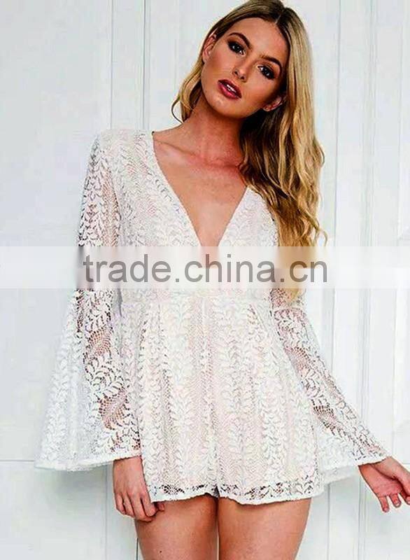 Ladies fashion white lace v neck long flare sleeve adult romper