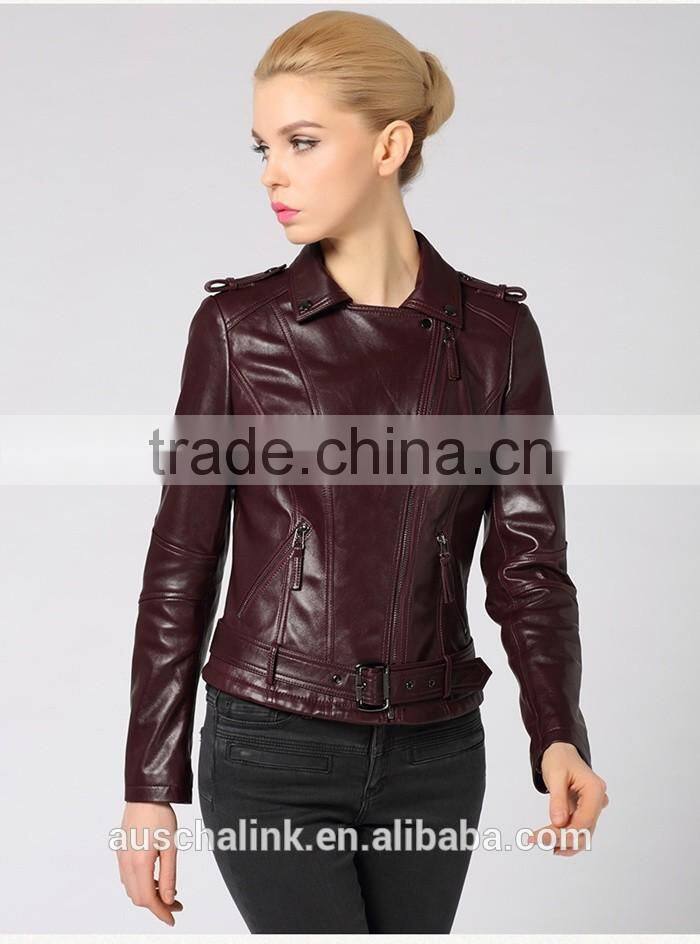 newest german style lady pure lambskin trendy red wine leather jacket