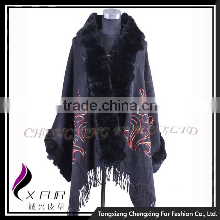 CX-B-P-48D Fashion Indian Cashmere Pashmere With Rex Rabbit Fur Shawls Hand Made