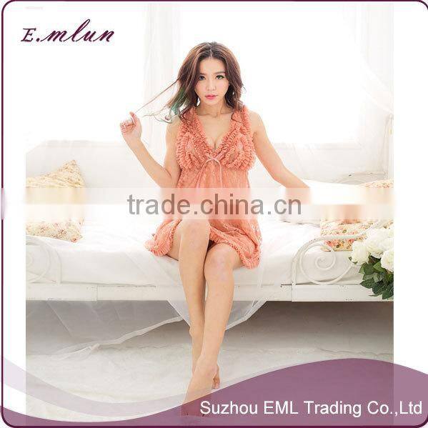 Ladies sexy lace flower transparent intimate sleepwear robe night gown