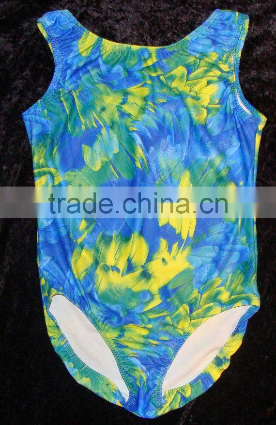 Clearance gymnastics leotards for girls blue and green feathers with clear holographic dots limited sizes