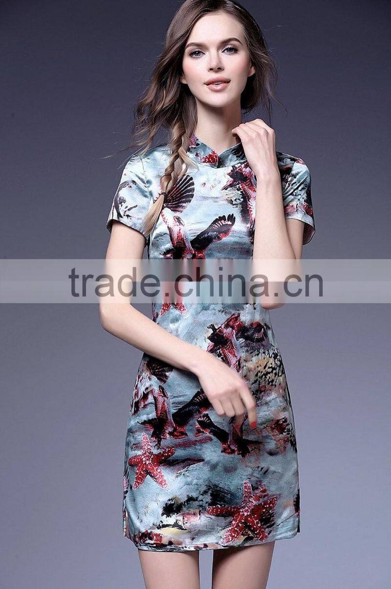 Chinese flow stand collar starfish bird slim fit thin qipao dresses