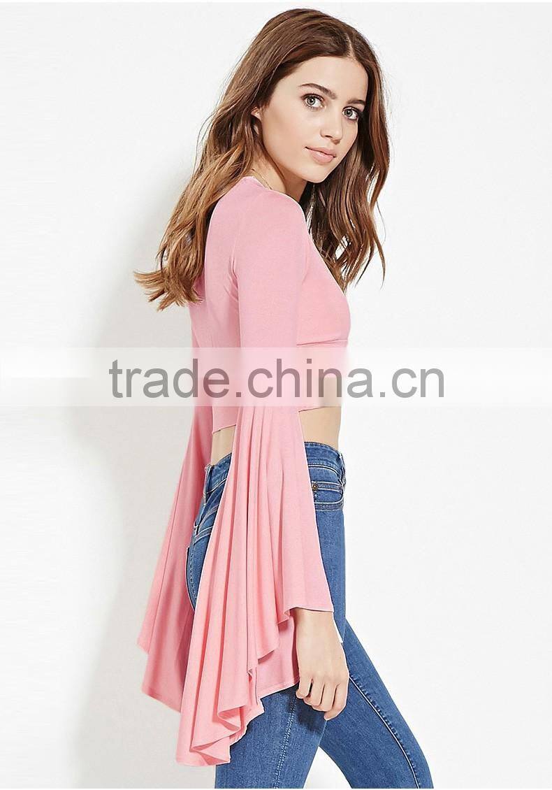Women's fashion deep V neck sexy trumpet sleeve t shirt wholesale