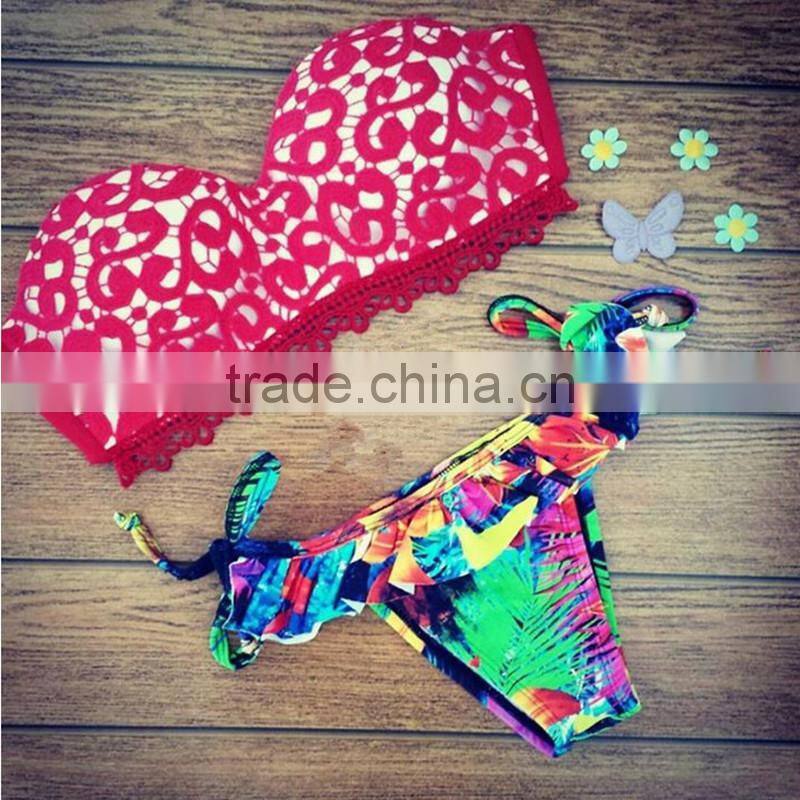 white lace halter printed swimwear bikini/yzh fancy bikini swimwear/ fancy bikini set swimwear beachwear