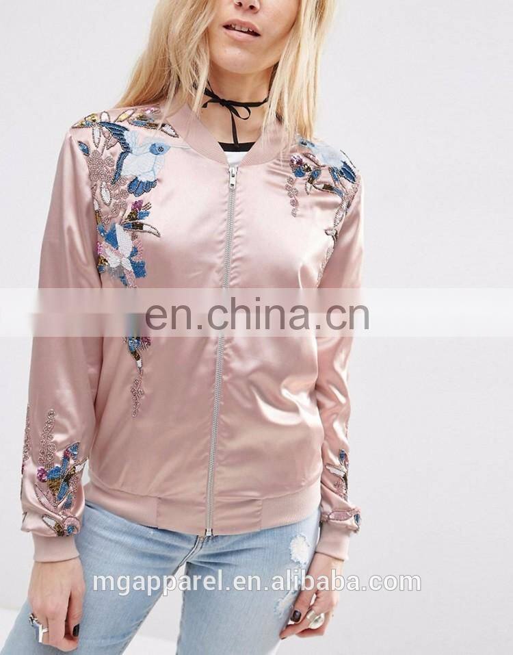 2016 Fashion women embroidered satin bomber jacket wholesale