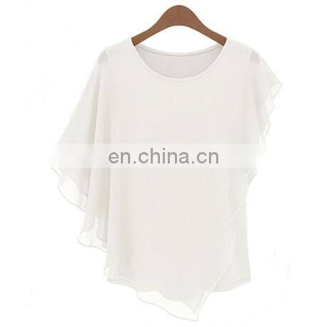 chiffon sheer short sleeved blouse floaty trendy cropped tops cowl neck blouse Irregular flounced blouse