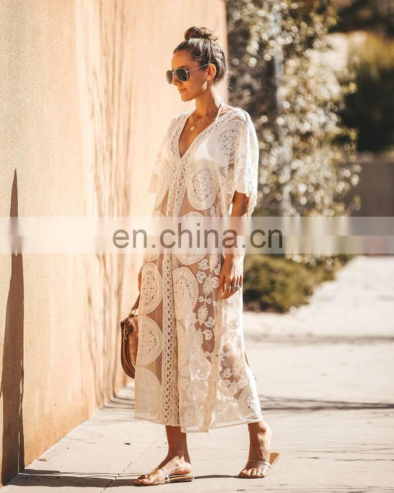 Luxury Long Sea Beach Wrap Dress Elegant Bathing Suit Cover Up White Lace Tunic Beach Sarong Plage Robe Kaftan Women Tunika