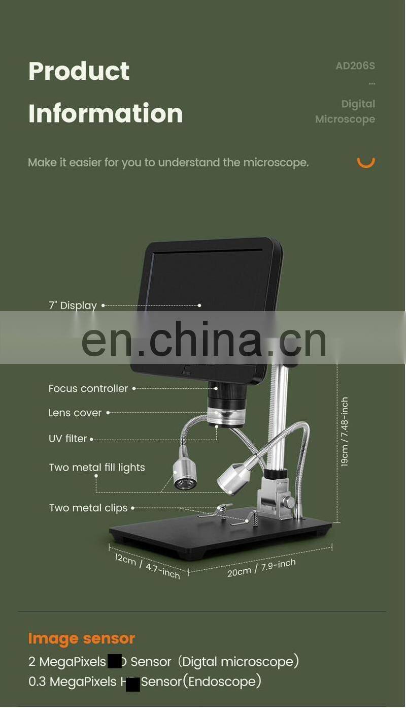 Andonstar AD206S 50X 2MP Industrial Digital Microscope with USB Endoscope Dual-Lens Display 7" Screen