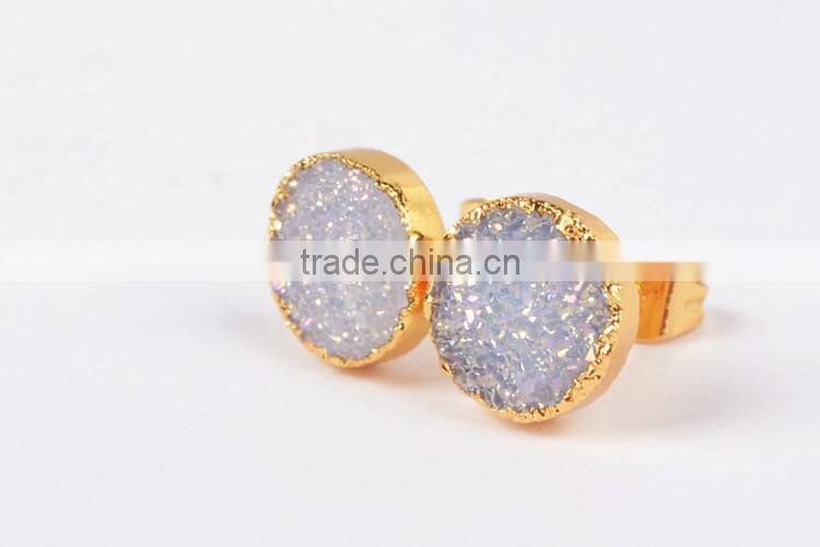 10mm round natural agate titanium AB druzy stone stud earrings