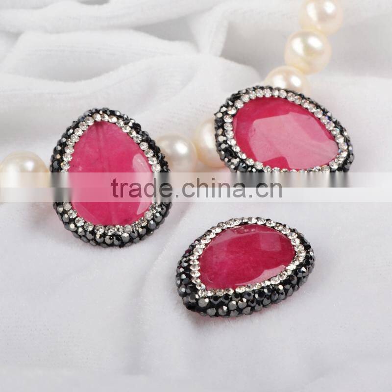 Peachblow jade faceted beads inlaid zircon paved beads, zircon jewelry wholesale with CZ paved cap