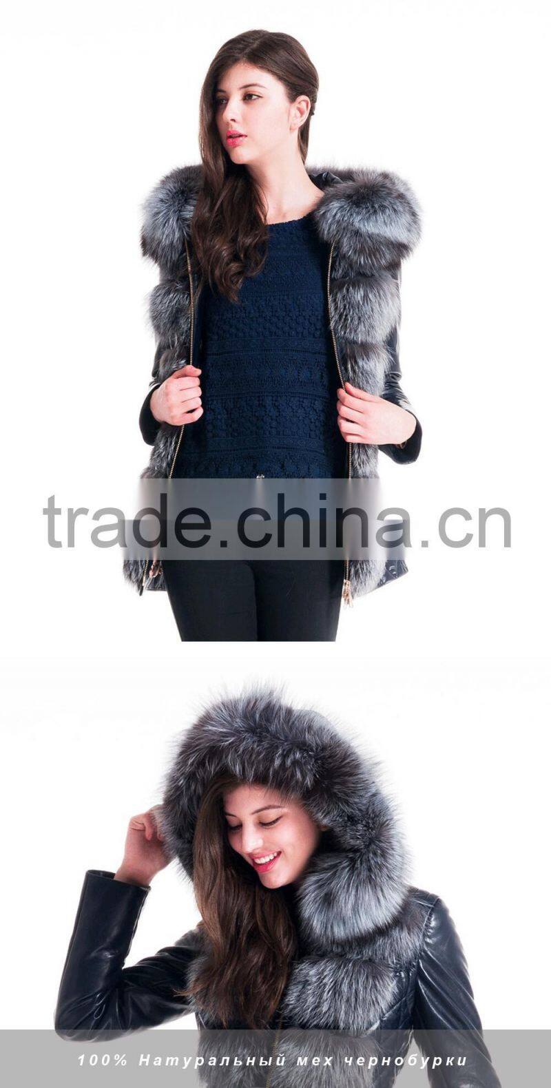2015 Winter Leather Short Slim Fit Embroidered Women Coat With Belt Silver Fox Fur Hat