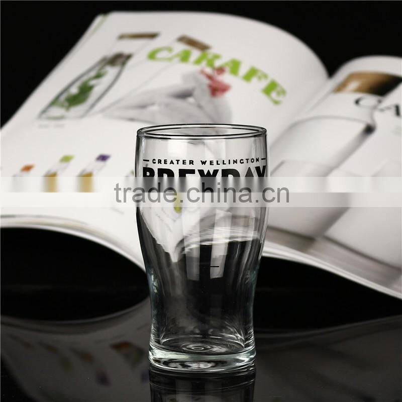 Unique Hot sale popular 300ml funny yard Beer Glass with black logo decal customized size