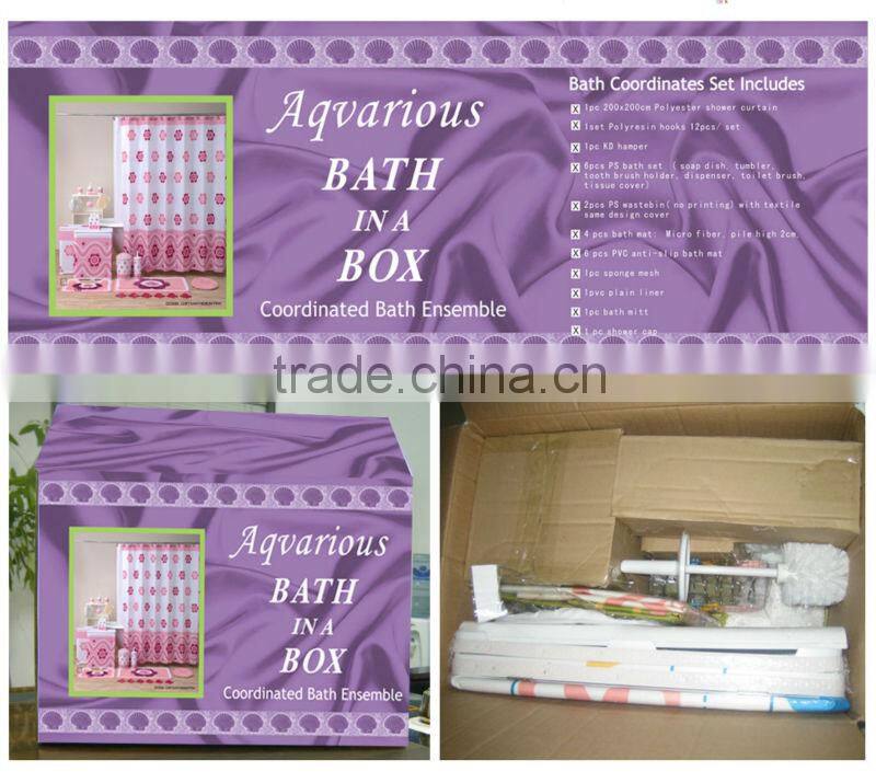 Colorful Gift pack match bathroom accessories set, shower curtain/bath rugs mat/bath accessories set for girls