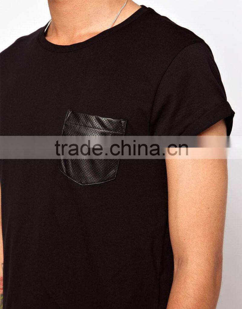 custom t shirt leather sleeves with chest pocket
