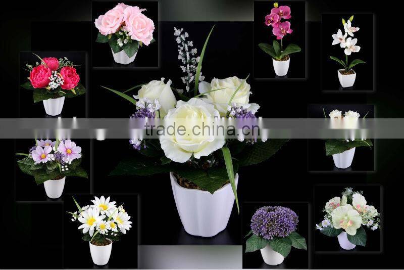 28cm Artificial Flower Satin Rose/Berries/Gypso/Grass With Fern & Plastic Pot