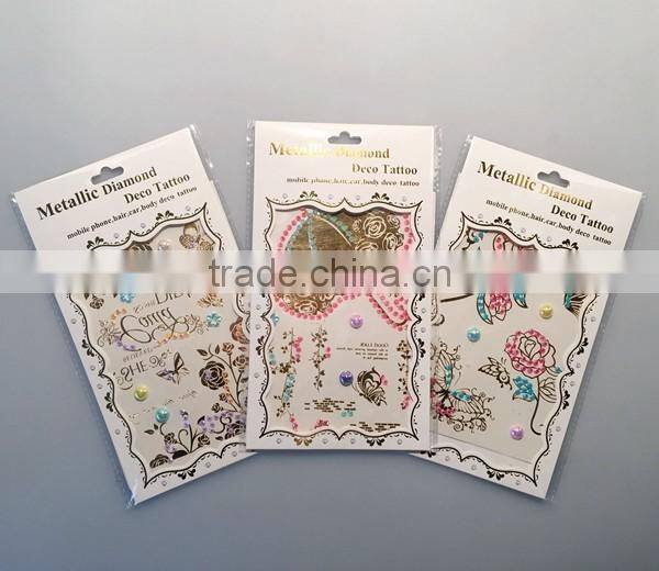Custom fashionable rhinestone sticker metallic tattoo diamond gold temporary tattoo stickers