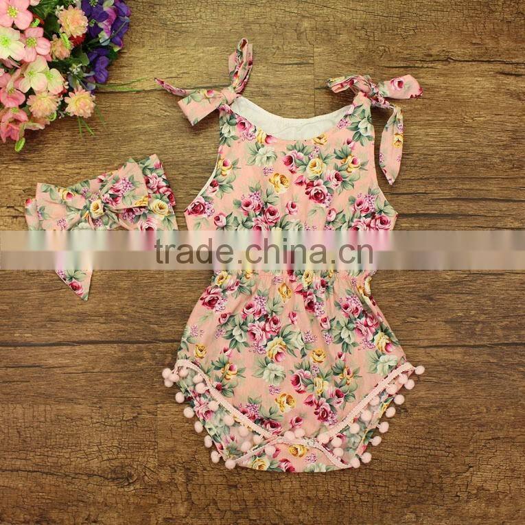 Wholesale kids jumpsuit baby girl pom pom rompers with rose flower baby romper clothes baby rose floral patterns
