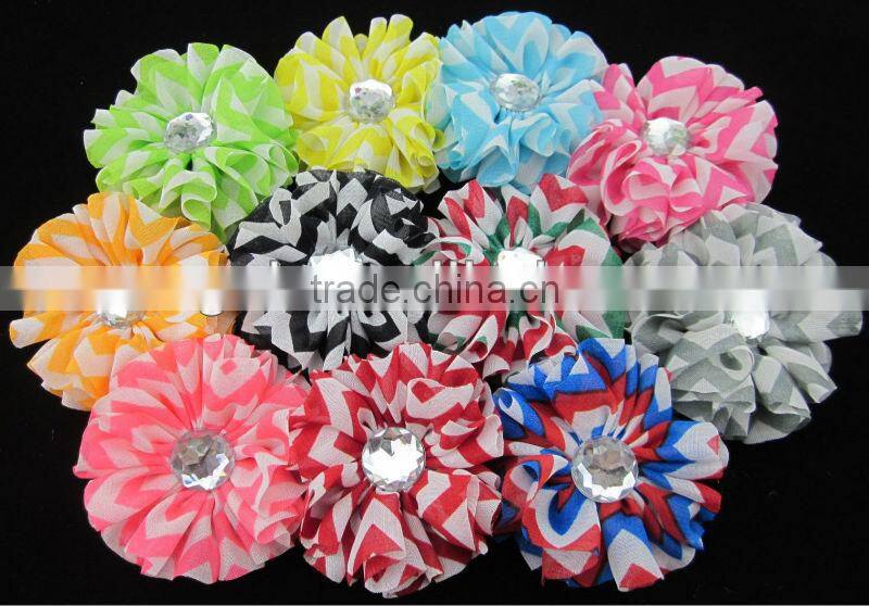 HOT 2.4" Chiffon Chevron Flowers with Clear Stone in Center for Kids Hair Accessories IN STOCK