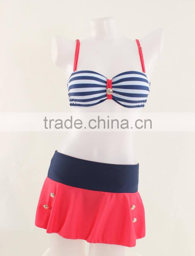 New Fashion Sexy Retro High Waist Stripes Bra Skirt Bikini Swimsuit Swimwear For Women Lady
