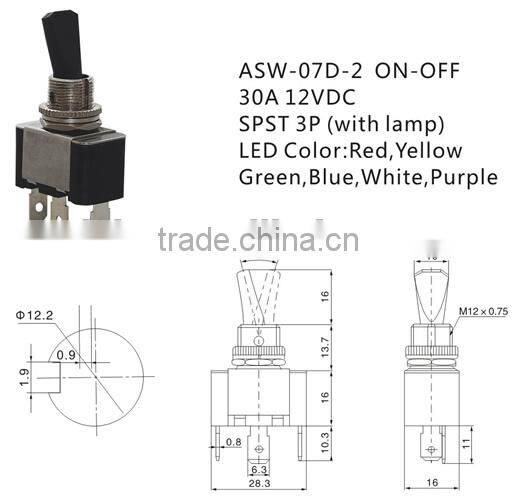 ASW-07D-2 SPST 3P 30A 12VDC with LAMP Automotive Toggle Switch