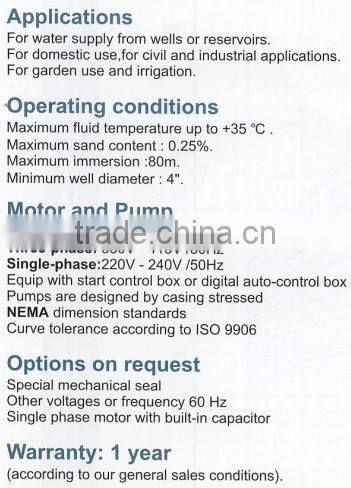 CE certified electric centrifugal submersible water pumps 1.5HP 735HP 4SD 6