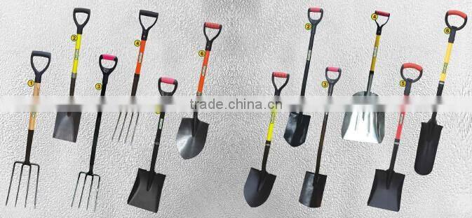 Carbon steel short handle shovel mini spade with fiberglass blue D grip antislip handle