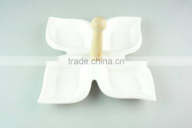 High quality ceramic divided plate with wooden handle candy fruits serving plate