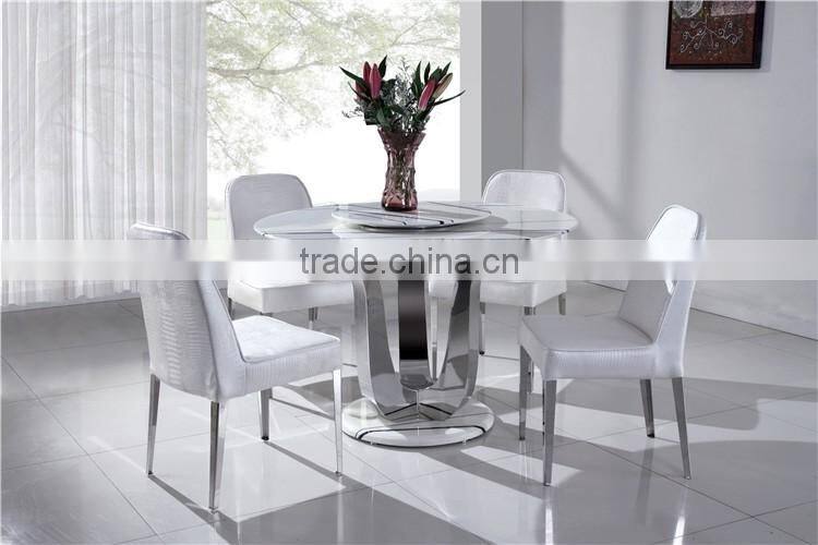 Promotion factory price stainless steel restaurant table with glass top/round dining table with chairs
