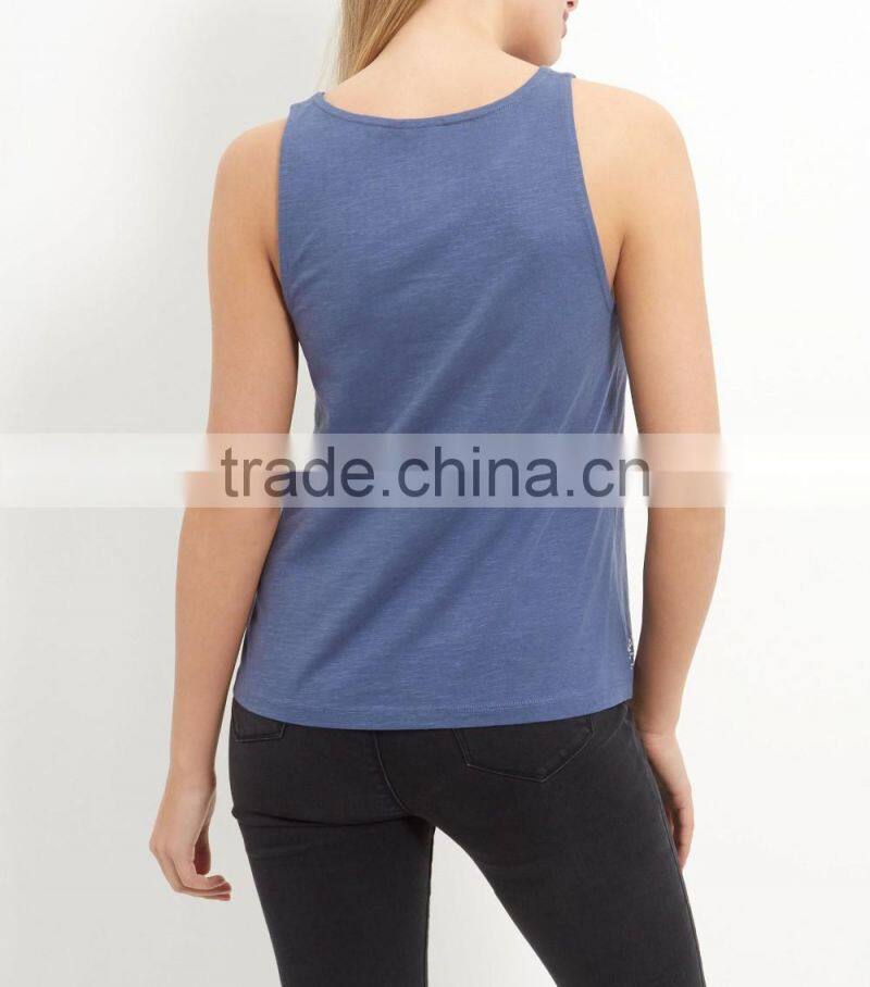 2016 Fashion Summer Blue Embroidered Trim Sleeveless Top HST8042