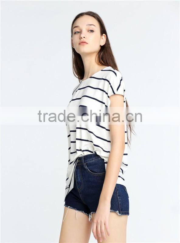 European American style leisure loose knitting minimalism round collar short sleeve stripe T-shirt