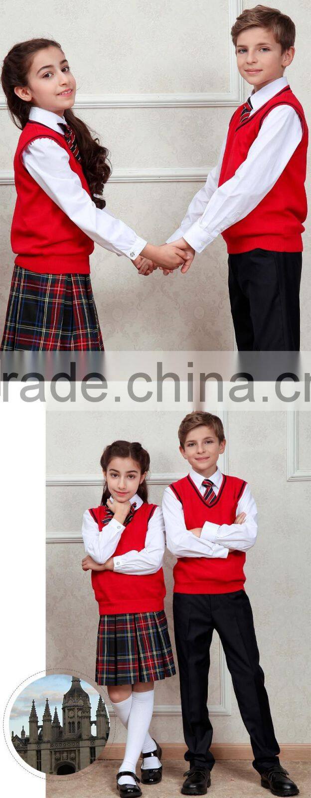 Red sleeveless unisex sweater vest school uniforms design with picture primary