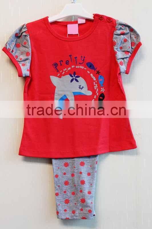 Wholesale Dolphin Kids Girls 2 Pcs Set Printed Knitted Short Sleeve Top Red Girls Clothing Set TP-7721