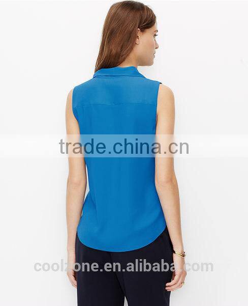 Hot selling fashion crepe blouse knok front sleeveless lady blouse